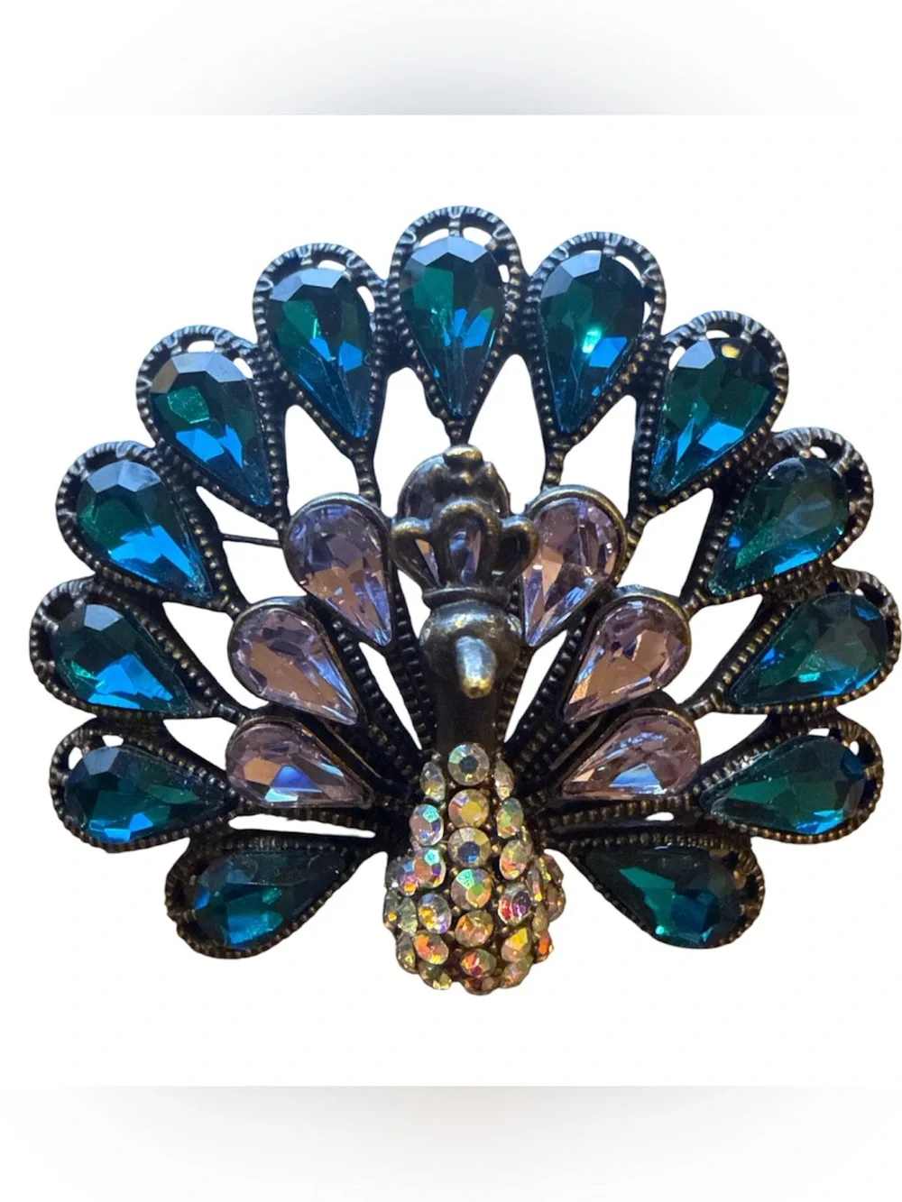 Vintage-Inspired Peacock Brooch in Teal & Lavender